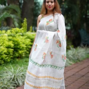 Pure Linen white Saree Handwoven and Handprinted