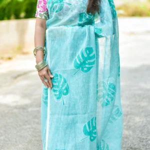 Pure Linen Green Saree Handwoven and Handprinted