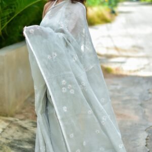 Parijaat Pure Linen Light Gray Saree